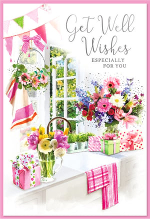 Brighten someone's day with this beautiful 'Get Well Wishes' card, perfect for a special female in need of a pick-me-up. From Simon Elvin, this delightful design features a charming watercolour illustration that radiates warmth and positivity. A sunlit window overlooks a lush garden, while inside, a vibrant array of fresh flowers, thoughtful gifts, and pretty pink accents create an inviting and comforting scene. Delicate bunting and sparkling details add an extra touch of joy. This uplifting card is ideal for conveying your sincerest wishes and is sure to bring a smile. Available in a convenient pack of 6, it's a wonderful addition to your greeting card selection.