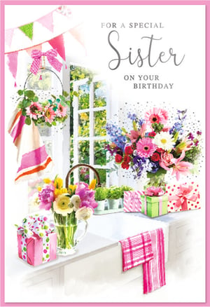 Bring a touch of joy to your customers' shelves with this delightful 'Sister' birthday card from Simon Elvin. This beautifully illustrated card features a vibrant celebration of flowers in full bloom, alongside charmingly wrapped gifts and cheerful bunting, all set against a bright, airy window scene. The rich pinks, purples, and yellows create a truly special and heartfelt design, perfect for wishing a beloved sister a wonderful birthday. Its warm and inviting aesthetic is sure to capture attention. Available in convenient packs of 6, this card is an essential addition to your greeting card selection, offering a truly lovely way to celebrate a special bond.