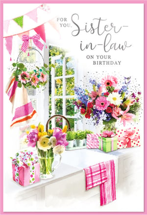 Celebrate your wonderful Sister-in-law's special day with this absolutely charming birthday card from Simon Elvin. Featuring a delightful watercolour-style illustration, this card bursts with vibrant colours and beautiful floral arrangements, creating a truly warm and inviting scene.

From the cheerful bunting to the thoughtfully placed gift boxes and lush bouquets, every detail conveys a heartfelt message of love and celebration. The bright pinks, purples, and greens evoke a joyful atmosphere, making it the perfect way to send your warmest wishes. Stock up on this popular design with our convenient 1x6 pack, ensuring you always have the ideal card for this cherished family member.