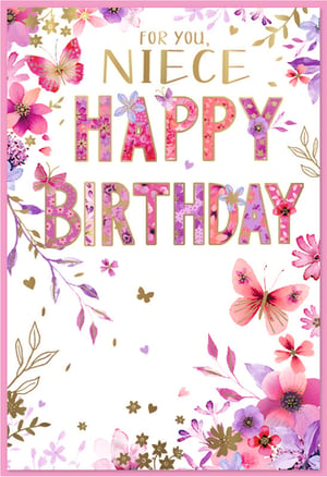 Make her birthday extra special with this enchanting 'Niece' card from Simon Elvin. Adorned with a stunning array of pink and purple watercolour florals, graceful butterflies, and elegant gold detailing, this card exudes charm. The prominent 'HAPPY BIRTHDAY' message features delightful patterned lettering, making it truly stand out. It's the perfect way to convey warm wishes to a beloved niece. Stock up on this popular design, available in convenient packs of six, ensuring your customers can find the ideal card for their cherished family members.