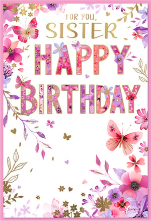 Celebrate a special sister's birthday with this beautiful card from Simon Elvin. Designed with a delightful blend of vibrant pinks, purples, and shimmering gold accents, this card is sure to bring a smile. The elegant 'SISTER' text in gold is complemented by charming 'HAPPY BIRTHDAY' lettering, filled with intricate floral and butterfly patterns.

Delicate butterflies, scattered hearts, and lush botanical illustrations adorn the card, creating a truly enchanting design. It's perfect for retailers looking to offer a high-quality, visually appealing birthday card for sisters. This lovely card, product name 'Sister', comes in a convenient pack size of 1x6, ensuring you're well-stocked for your customers.
