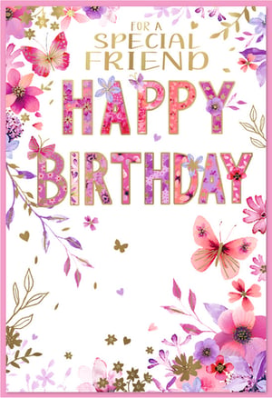 Celebrate a cherished bond with our beautiful 'Friend Female' Birthday Card, available in a convenient pack of 6. This delightful card features a vibrant watercolour design, bursting with an array of pink and purple florals, delicate butterflies, and charming golden accents. The heartfelt message 'FOR A SPECIAL FRIEND HAPPY BIRTHDAY' is elegantly presented, with the main text adorned in a captivating floral pattern. Perfect for conveying warm wishes, this card offers a truly special way to mark a friend's big day. Stock up on this popular design from Simon Elvin and help your customers share joy and affection.