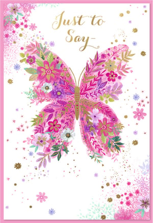 Discover the delightful 'Just To Say' card, a perfect addition to any greeting card selection. This charming design features a magnificent butterfly, intricately crafted from a vibrant array of pink, purple, and green flowers and foliage, all beautifully highlighted with shimmering gold accents. The elegant 'Just to Say' script in golden calligraphy makes this card incredibly versatile, suitable for countless occasions – from a thoughtful thank you to a simple message of care. Its cheerful and artistic style is sure to captivate. Supplied by Simon Elvin, these high-quality cards are available in a convenient pack of 6, ideal for retailers looking to offer a touch of floral elegance.
