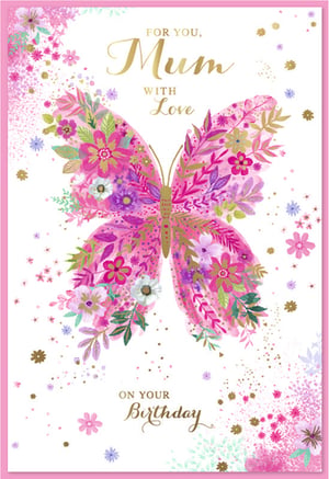 Celebrate Mum's special day with this exquisite birthday card from Simon Elvin. This beautiful design showcases a stunning butterfly, intricately crafted from a vibrant array of pink and purple flowers and foliage. Delicate gold accents add a touch of sparkle, making this card feel truly special. The heartfelt message, 'FOR YOU, Mum WITH Love ON YOUR Birthday', is elegantly presented in gold script. Perfect for showing appreciation, this gorgeous card is supplied in a convenient pack of 6, ready to delight your customers.