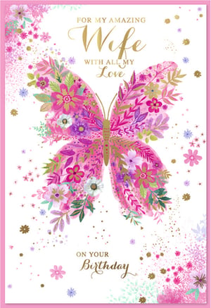 Offer your customers a truly lovely way to celebrate their wife's birthday with this charming card from Simon Elvin. The design features a striking butterfly, artfully composed of colourful pink and purple flowers and foliage, with delicate gold highlights and a subtle shimmer. The heartfelt message, 'FOR MY AMAZING Wife WITH ALL MY Love ON YOUR Birthday', is elegantly scripted in gold, making it a warm and personal choice. This card provides a wonderful opportunity for customers to express their affection. Supplied in packs of 6, it's a delightful addition to any greeting card display.