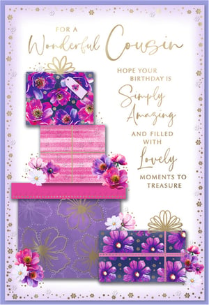 Send warm birthday wishes to your wonderful female cousin with this exquisite card! Adorned with a vibrant stack of beautifully wrapped gifts in rich purples and pretty pinks, featuring elegant floral patterns and shimmering gold details, it's designed to impress. The charming message inside wishes her a 'Simply Amazing' birthday, filled with 'Lovely Moments to Treasure'. This delightful card is the perfect way to celebrate her special day and let her know she's truly cherished.