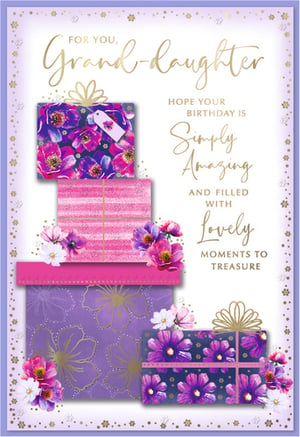Make a granddaughter's birthday truly special with this exquisite card from Simon Elvin. Designed with a charming stack of gift boxes in rich purples and vibrant pinks, adorned with beautiful floral patterns and delicate gold details, it's a visual delight. The card's warm message, "For You, Grand-daughter, Hope Your Birthday Is Simply Amazing And Filled With Lovely Moments To Treasure," perfectly conveys affection. Ideal for customers looking to send a heartfelt birthday wish, this card is sure to be cherished. Available in a convenient pack of 6, it’s a wonderful addition to any greeting card selection.
