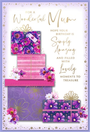 Make Mum's birthday truly special with this beautiful card from Simon Elvin. Adorned with a delightful stack of elegantly wrapped gifts in vibrant purples and pretty pinks, complemented by shimmering gold details and delicate floral accents, it's a visual treat. The card's heartfelt message, 'FOR A Wonderful Mum, HOPE YOUR BIRTHDAY IS Simply Amazing AND FILLED WITH Lovely MOMENTS TO TREASURE,' perfectly expresses your affection. This stunning design is ideal for celebrating the amazing Mums in your life. Each pack contains 6 cards, ensuring you're always ready to share a thoughtful birthday wish.