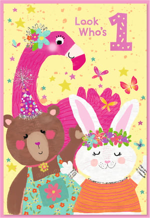 Make a little one's first birthday extra special with this delightful "Age 1 Female" card from Simon Elvin. Bursting with charm, the design features a vibrant pink flamingo, a sweet bear in a party hat, and an adorable rabbit, all surrounded by pretty flowers, sparkling stars, and playful butterflies. The cheerful yellow background and "Look Who's 1" message make it the perfect celebratory choice for a baby girl's milestone. This lovely card is sure to bring joy to any recipient. Supplied in a convenient pack of 6, it's an excellent addition to your retail collection.