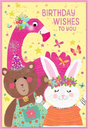 Brighten any birthday with this delightful 'Open Birthday Female' card from Simon Elvin! This charming design features an adorable trio of animal friends – a fabulous pink flamingo, a sweet brown bear, and a lovely white bunny – all ready to celebrate.
The vibrant flamingo wears a pretty flower crown, while the cheerful bear sports a sparkly party hat and floral dungarees. A charming white rabbit, adorned with a colourful flower garland, completes this whimsical scene. Set against a sunny yellow background dotted with stars and butterflies, the card wishes "BIRTHDAY WISHES TO YOU" in playful pink lettering.
Perfect for sending warm greetings to any female recipient, this card is bursting with joy and colour. Each pack contains 6 cards, ensuring you're well-stocked for every special occasion. Add a touch of magic to your card selection!