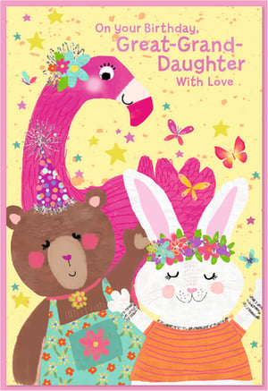 Celebrate a special birthday with this delightful Great Granddaughter card from Simon Elvin. Bursting with colour and charm, this card features an adorable pink flamingo, a sweet bear in a party hat, and a cute rabbit wearing a floral crown, all set against a cheerful yellow background adorned with stars and butterflies. The vibrant design and heartfelt 'With Love' message make it the perfect choice for wishing a wonderful Great Granddaughter a very happy birthday. Stock up on this popular design, supplied in a convenient pack of 6, and bring a smile to every customer's face.