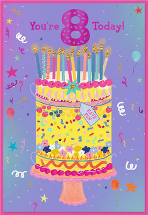 Celebrate an 8th birthday in vibrant style with this delightful card from Simon Elvin. Perfect for an 8-year-old's special day, this card features a wonderfully whimsical illustration that's sure to bring joy. A towering, brightly decorated cake takes centre stage, adorned with a multitude of colourful candles, playful sprinkles, juicy berries, and charming floral details. The cheerful "You're 8 Today!" message stands out against a vibrant purple background, surrounded by festive confetti, stars, and balloons. A sweet "HAVE FUN" tag adds an extra touch of celebration. This engaging design is supplied in a convenient pack of six, making it an ideal choice for retailers seeking a popular and eye-catching card for young celebrants.