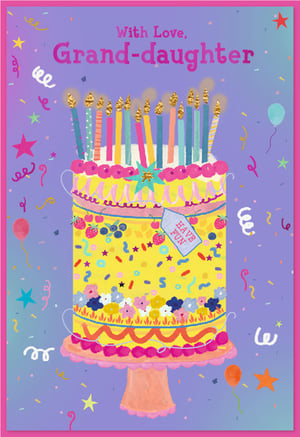 Celebrate a special granddaughter with this delightful birthday card from Simon Elvin. Featuring a vibrant, multi-tiered cake adorned with glowing candles, colourful sprinkles, and sweet berries, it's a true feast for the eyes. The cheerful purple background is scattered with playful confetti, stars, and balloons, creating a truly festive atmosphere. With the loving message 'With Love, Grand-daughter' and a fun 'HAVE FUN' tag, this card is perfect for making her day extra special. Stock up on this charming design, available in a convenient 1x6 pack, and bring joy to your customers' celebrations.