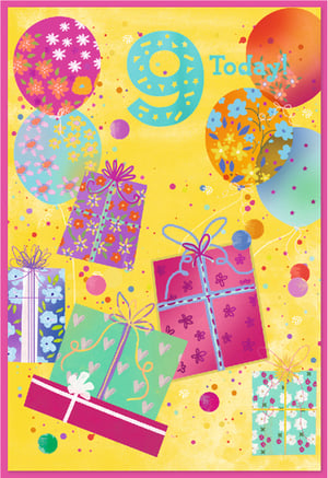 Celebrate a special 9th birthday with this wonderfully vibrant card! Designed for a 9-year-old girl, this cheerful card bursts with colour and fun. Against a sunny yellow background, you'll find an array of beautifully patterned balloons and an abundance of gaily wrapped gifts, all surrounding a prominent '9 Today!' message.

The delightful mix of pinks, purples, blues, and greens, adorned with charming floral and heart motifs, makes this card truly stand out. It's the perfect way to make any nine-year-old feel extra special on their big day. Supplied by Simon Elvin, this high-quality "Age 9 Female" card comes in a convenient pack of 6 (1x6), ensuring you're stocked up for those important celebrations.