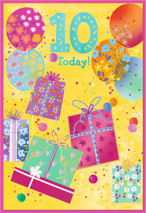 Celebrate a special 10th birthday with this wonderfully vibrant card! Featuring a cheerful yellow background adorned with colourful confetti, this design instantly brings joy. Large, playful blue numbers proudly declare '10 Today!', surrounded by an array of beautifully patterned balloons in shades of pink, orange, and blue. A delightful collection of gift boxes, decorated with charming flowers, hearts, and stripes in purple, pink, and green, adds to the festive feel. Perfect for a female recipient, this card is bursting with celebratory charm. Stock up on this popular design from Simon Elvin, available in a convenient pack of 6.