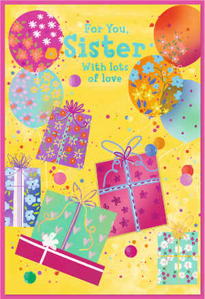 Send warm wishes to a special sister with this vibrant greeting card from Simon Elvin. Featuring a cheerful yellow background adorned with colourful balloons and an array of beautifully wrapped gifts, it's designed to bring a smile. The heartfelt message 'For You, Sister With lots of love' is presented in a charming blue font, perfectly complementing the playful confetti details.

Each card is bursting with bright pinks, purples, blues, and greens, making it ideal for birthdays, celebrations, or just to show you care. Available in a convenient pack of 6, these cards are a delightful addition to any retail collection, offering a lovely way for customers to express their affection.