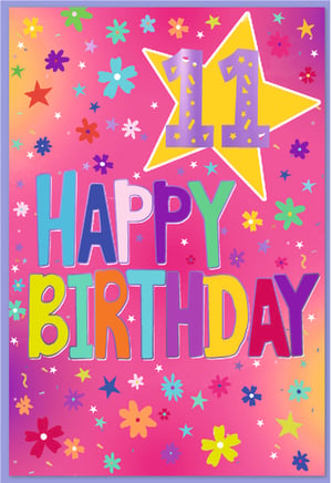 Celebrate a special 11-year-old's big day with this wonderfully vibrant birthday card from Simon Elvin! Designed specifically for girls turning eleven, this card bursts with cheerful colours and playful details.

Against a bright pink and magenta background, a bold yellow star proudly displays the number '11' in fun, confetti-sprinkled purple. The words 'HAPPY BIRTHDAY' stand out in a delightful array of multi-coloured, chunky letters, adding to the festive feel. Scattered across the card are an abundance of colourful stars and charming little flowers, creating a truly joyful design.

Perfect for making any girl's 11th birthday extra memorable, this card is sure to bring a smile. Available in a convenient pack of 6, it's an ideal addition to your greeting card selection. Stock up today and help your customers celebrate in style!