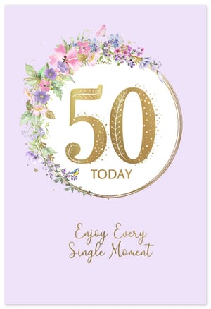 Mark a special 50th birthday with this charming female card from Simon Elvin. The design features a lovely watercolour floral wreath, bursting with soft pinks, purples, and greens, gracefully framing the golden '50 TODAY'. Delicate details like a small butterfly and a sweet blue bird add to its appeal. Below, the elegant script 'Enjoy Every Single Moment' offers a warm, celebratory wish. This card is perfect for honouring a significant milestone. Supplied in packs of 6, it’s a delightful addition to your greeting card range.