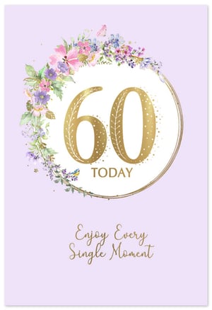 Mark a milestone 60th birthday with this beautiful card from Simon Elvin. Featuring a soft lavender background, the design showcases a radiant gold '60' at its centre, elegantly framed by a delicate watercolour floral wreath. Shades of pink, purple, and blue blossoms, along with a charming butterfly and tiny bird, create a truly special touch. The heartfelt message, 'Enjoy Every Single Moment', adds a warm wish for the recipient. This female 60th birthday card is perfect for celebrating such a significant occasion. Available in convenient packs of six, it’s an excellent choice for your greeting card display.
