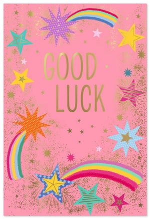 Brighten someone's day and send positive vibes with our delightful "Good Luck" card, brought to you by Simon Elvin. This cheerful design features a vibrant pink background, bursting with an exciting mix of colourful stars and two charming rainbows. The prominent golden "GOOD LUCK" message takes centre stage, beautifully complemented by a scattering of sparkling gold speckles that add a touch of magic and celebration.
Whether it's for exams, a new job, or any fresh start, this card is perfect for conveying heartfelt wishes. Its eye-catching design is sure to stand out on any display. Available in a convenient pack of 6, it's a must-have for any greeting card selection, ready to help your customers share that extra bit of encouragement.