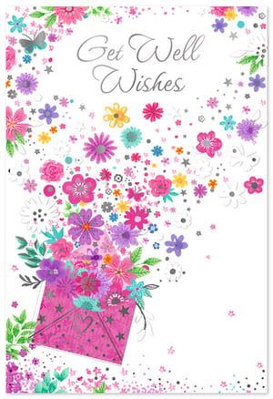 Brighten someone's day with our delightful 'Get Well Female' card! This charming design features a vibrant explosion of colourful flowers, butterflies, and stars, all spilling from a pretty pink envelope. The elegant silver script wishes 'Get Well Wishes' in a heartfelt manner.

Perfect for sending cheer and warmth, this card is sure to bring a smile to any female recipient feeling under the weather. Its cheerful aesthetic and thoughtful message make it an ideal choice for your customers looking to convey their best wishes. Supplied by Simon Elvin, this product comes in a convenient pack size of 1x6, ready to add a touch of joy to your greeting card selection.