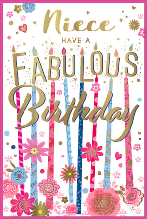 Make your Niece's birthday truly special with this vibrant and cheerful card from Simon Elvin. Featuring a delightful design, the card wishes her a 'FABULOUS Birthday' in eye-catching gold foil lettering.

Colourful birthday candles, adorned with pretty flowers, hearts, and sparkling confetti, create a wonderfully festive feel. The bright pink, blue, and gold palette, combined with charming floral details, makes this card a joy to receive. Perfect for celebrating a beloved niece, it’s sure to bring a smile to her face.

Supplied in a convenient pack of 6, so you'll always have a lovely card on hand. (Pack size: 1x6)
