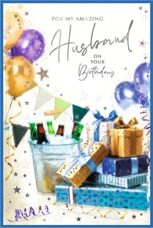 Celebrate his special day with this vibrant 'Husband' birthday card from Simon Elvin. This lively design is bursting with celebratory elements, featuring shimmering gold, purple, and blue balloons, festive bunting, and a cool bucket of drinks. A delightful stack of beautifully wrapped presents adds to the excitement, all set against a backdrop of sparkling stars and streamers. The heartfelt message, 'FOR MY AMAZING Husband ON YOUR Birthday', makes it the perfect choice to show appreciation. Stock up on this popular design, available in a convenient pack size of 1x6, and offer your customers a truly special way to wish their husband a very happy birthday.