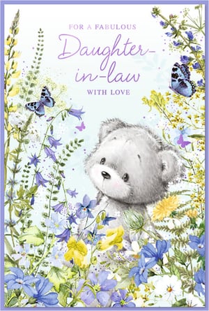 Presenting a truly delightful greeting card from Simon Elvin, perfect for celebrating a special Daughter-in-law. This charming design features an endearing teddy bear peeking out from a lush meadow of beautifully illustrated blue, purple, and yellow wildflowers. Delicate butterflies dance among the blooms, adding a touch of natural elegance and whimsy. The warm message, 'FOR A FABULOUS Daughter-in-law WITH LOVE', conveys heartfelt affection. This card is an ideal choice for any occasion, promising to bring joy to the recipient. Stock up with this convenient wholesale pack of 6, ensuring your customers can always find the perfect card.