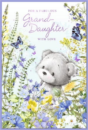 Delight your customers with this enchanting 'Granddaughter' card from Simon Elvin. Featuring an adorable grey teddy bear peeking shyly from a vibrant meadow of wildflowers, this design is bursting with charm. Beautiful blue and purple butterflies flutter amongst delicate bellflowers and cheerful yellow blooms, creating a truly heartwarming scene.

The sweet message, 'FOR A FABULOUS Grand-Daughter WITH LOVE', is elegantly scripted in purple, making it perfect for celebrating a special granddaughter. This lovely card offers a gentle, loving way to show affection. Available in a convenient pack of 6, it's an ideal addition to any greeting card collection, sure to bring a smile to every recipient.