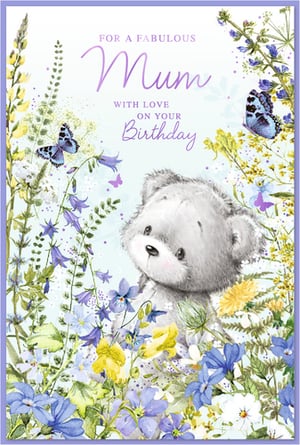 This delightful birthday card for Mum, from Simon Elvin, offers a truly heartwarming design. It features an adorable grey teddy bear nestled amongst a beautiful array of wildflowers in gentle shades of purple, blue, and yellow. Graceful butterflies add to the serene, natural scene. The card carries the loving message, "FOR A FABULOUS Mum WITH LOVE ON YOUR Birthday," making it a wonderful choice for her special day. This charming card is sure to convey warmth and affection. Available in a convenient pack size of 1x6, it's a lovely addition to your greeting card range.