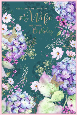 Offer your customers a truly beautiful way to celebrate a special wife's birthday with this exquisite card from Simon Elvin. Adorned with a stunning watercolour-style floral design, it features elegant purple and blue hydrangeas, delicate white flowers, and charming golden butterflies, all set against a rich teal background. The heartfelt message 'WITH LOTS OF LOVE TO my Wife ON YOUR Birthday' is beautifully rendered in shimmering gold script, adding a touch of luxury. This sophisticated card provides a loving and memorable way to express affection. Supplied in a convenient pack of 6, it's an essential addition to any thoughtful card collection.