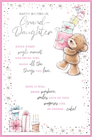 Celebrate a special granddaughter's birthday with this adorable card! Featuring a charming teddy bear balancing a stack of colourful gifts, it's sure to bring a smile. The heartfelt message wishes her "sunshine, smiles, lots of nice surprises and, of course... cake!" With delightful illustrations of daisies, hearts, and more presents, this card is perfect for showing your love.

From Simon Elvin, this lovely "Granddaughter" card is a wonderful way to send warm birthday wishes. Each pack contains 6 beautiful cards, ready to make any granddaughter's day extra special. A truly sweet choice for a memorable Happy Birthday!