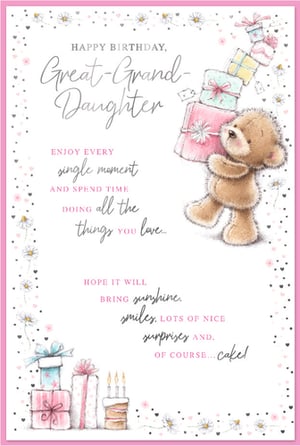 Make her birthday extra special with this delightful Great Granddaughter card from Simon Elvin. This charming design features an adorable teddy bear balancing a tower of presents, set against a backdrop of delicate daisies and hearts. The warm message inside wishes her to "ENJOY EVERY single moment AND SPEND TIME DOING all the things you love..." and hopes her day will "BRING sunshine, smiles, LOTS OF NICE surprises AND, OF COURSE... cake!" It's the perfect way to show your love. Supplied in a handy pack of 6, ready for your retail display.