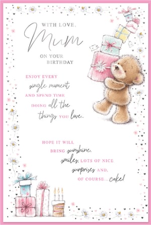Celebrate Mum's special day with this absolutely adorable birthday card from Simon Elvin! Featuring a charming teddy bear sweetly struggling with a towering stack of presents, this card is bursting with warmth and affection. Beautifully illustrated with delicate daisies, hearts, and more gifts, plus a delicious-looking birthday cake, it's designed to bring a smile to her face.

The heartfelt message wishes Mum 'love, sunshine, smiles, lots of nice surprises and, of course... cake!' It's the perfect way to show her how much she means to you. Each pack contains 6 delightful cards, ensuring you're ready for every Mum's birthday celebration. A truly lovely choice to make her day extra special.