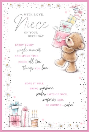Celebrate a special Niece's birthday with this delightful card from Simon Elvin. Featuring an adorable teddy bear playfully carrying a towering stack of presents, surrounded by a charming border of daisies and hearts, this design is sure to capture hearts. The heartfelt message wishes her to "ENJOY EVERY single moment AND SPEND TIME DOING all the things you love..." and hopes her day brings "sunshine, smiles, LOTS OF NICE surprises AND, OF COURSE... cake!" Perfect for retailers, these lovely cards come in a convenient pack of 6, ready to bring joy to your customers.