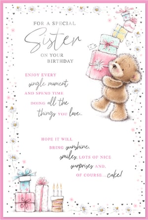 Make your Sister's birthday extra special with this delightful card from Simon Elvin. This charming design features an adorable teddy bear carefully carrying a stack of colourful presents, surrounded by delicate daisies and hearts. More beautifully wrapped gifts and a tempting birthday cake complete the sweet scene. Inside, a heartfelt message wishes her 'sunshine, smiles, lots of nice surprises and, of course... cake!' It's the perfect way to show your appreciation and love. Stock up on this popular design, available in a convenient pack of 6, ideal for your retail display.