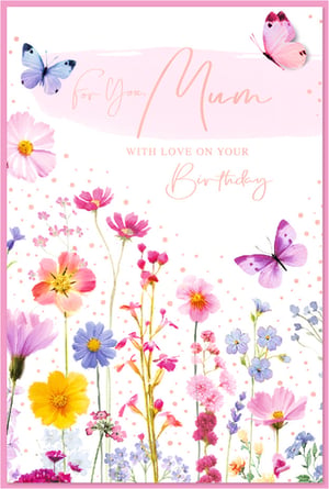 Presenting the charming 'Mum' birthday card, a delightful addition to your greeting card range from Simon Elvin. This exquisite design features a vibrant watercolour meadow, bursting with an array of colourful flowers and delicate butterflies. The elegant script "For You, Mum, With Love on Your Birthday" conveys a truly heartfelt message. With its soft pink palette and intricate details, this card exudes warmth and affection, making it the perfect choice for celebrating a mother's special day. Stock up with our convenient pack of 6, ensuring you have this beautiful card readily available for your customers.