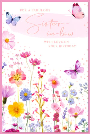 Make a Sister-in-law's birthday extra special with this beautiful card! Featuring a delightful array of vibrant wildflowers in shades of pink, purple, blue, and yellow, this design is brought to life with elegant butterflies fluttering amongst the blooms. The heartfelt message, "FOR A FABULOUS Sister-in-law WITH LOVE ON YOUR BIRTHDAY," is beautifully presented on a soft pink watercolour wash. Perfect for adding a touch of natural beauty and warmth to your card selection, this card is sure to make her feel truly cherished. Supplied by Simon Elvin, these charming cards come in a convenient pack of 6.