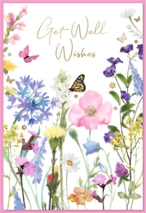 Offer your customers a truly uplifting message with our 'Get Well Female' card from Simon Elvin. This beautiful design features a vibrant array of watercolour wildflowers in soft pinks, purples, blues, and yellows, creating a cheerful and comforting scene. Delicate butterflies flutter amongst the blooms, adding a touch of natural beauty and hope. The elegant gold script of 'Get Well Wishes' perfectly complements the artistic illustration. Ideal for sending heartfelt thoughts to any woman, this card is sure to brighten their day. Available in a convenient pack of 6 (1x6), it's a lovely addition to your greeting card selection.