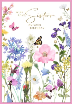 Celebrate a special sister's birthday with this beautiful card from Simon Elvin. Featuring a delightful watercolour design, this card captures the essence of a vibrant wildflower meadow, complete with charming butterflies in flight. The soft pinks, purples, and blues create a truly enchanting scene, perfect for conveying heartfelt wishes.

The elegant gold foil lettering, reading 'WITH LOVE, Sister ON YOUR BIRTHDAY', adds a touch of sophistication and warmth. This card is ideal for retailers looking to offer a lovely and thoughtful option for customers celebrating their sisters. Available in a convenient pack of 6, it's a wonderful addition to any greeting card display.
