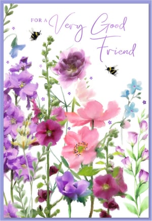 Celebrate a special bond with this charming greeting card, designed especially for a cherished female friend. The front features a delightful watercolour illustration, bursting with vibrant purple, pink, and fuchsia flowers, beautifully complemented by delicate blue blooms. Two busy bumblebees and a graceful butterfly add a touch of natural beauty and whimsy to the design.

The elegant script on the front, 'FOR A Very Good Friend', perfectly conveys warmth and appreciation. It’s the ideal way to show her just how much she means to you, whether for a birthday, a thoughtful 'just because' moment, or simply to brighten her day. This lovely card is sure to bring a smile.