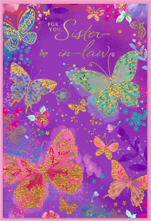 Offer your customers a truly beautiful way to celebrate their sister-in-law with this exquisite greeting card from Simon Elvin. Set against a rich purple backdrop, the design features a delightful collection of butterflies in vibrant blues, teals, and pinks, each adorned with intricate gold glitter detailing. The elegant gold script proudly displays 'FOR YOU, Sister-in-law', making it a thoughtful choice for birthdays, anniversaries, or just to show appreciation. This card's captivating design and sparkling finish are sure to attract attention. Supplied in a handy pack of 6, it’s a wonderful addition to your card selection.