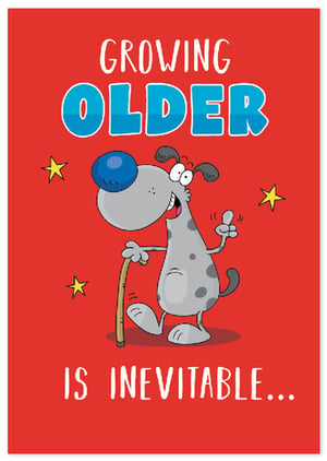 Bring a smile to your customers' faces with this wonderfully witty 'Growing Older' card from Simon Elvin. Part of our 'Open Humorous' range, this delightful design features a cheerful, spotted dog, complete with a walking stick and a knowing thumbs-up, perfectly illustrating the relatable message: "GROWING OLDER IS INEVITABLE...".

The vibrant red background and playful cartoon style make this card an instant eye-catcher. It's ideal for anyone celebrating a birthday or simply embracing the journey of life with a good sense of humour. Stock up on this popular design and offer your shoppers a card that's sure to get a chuckle. Available in a convenient pack of 6, it's a must-have for your greeting card selection.