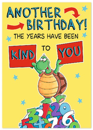 Bring a smile to any birthday with this wonderfully witty card from Simon Elvin. Featuring a charmingly stressed turtle precariously balanced on a mountain of colourful numbers, it delivers a hilarious message: 'ANOTHER BIRTHDAY! THE YEARS HAVE BEEN KIND TO YOU'. The turtle, holding signs that say 'KIND' and 'YOU', adds a playful twist to the sentiment, making it perfect for those who appreciate a good laugh about getting older.

This 'Open Humorous' design is sure to stand out on your shelves and delight customers looking for something a little different. Stock up on this popular card, available in a convenient 1x6 pack size.
