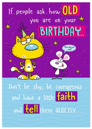 Bring a smile to your customers' faces with this hilarious 'Open Humorous' birthday card from Simon Elvin! Featuring a cheeky cat in a party hat and a curious mouse, this vibrant card is perfect for anyone who loves a good laugh on their special day. The witty message, "If people ask how OLD you are on your BIRTHDAY... Don't be shy, be courageous and have a little faith and tell them QUIETLY...", promises a memorable moment. With its bold colours and playful design, it's sure to stand out on your shelves. Stock up with our convenient 1x6 pack size and offer your customers the perfect card for a truly unforgettable birthday.