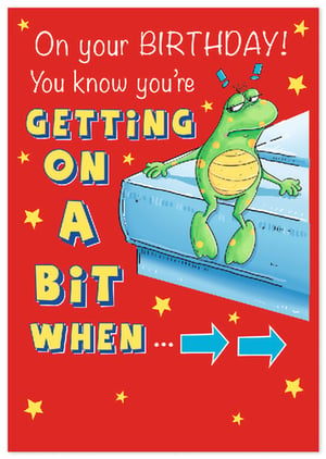 Add a touch of relatable humour to your greeting card selection with this fantastic 'Open Humorous' birthday card from Simon Elvin. Featuring a wonderfully grumpy frog and the classic line, 'On your BIRTHDAY! You know you're GETTING ON A BIT WHEN...', it's guaranteed to get a chuckle. This eye-catching design, complete with bold text and playful stars, is perfect for those who appreciate a light-hearted jab at aging. Ideal for friends, family, or colleagues, it's a brilliant choice for any birthday celebration. Available in a handy 1x6 pack, ensuring your shelves are always stocked with this popular design.