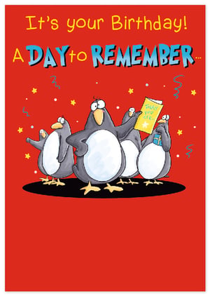 Make someone's special day truly unforgettable with this delightful 'Open Humorous' birthday card from Simon Elvin. Featuring a charming group of comical penguins, this card is sure to bring a smile to any recipient's face.

The vibrant red background sets the scene for these expressive characters, with one proudly holding a message that begins 'TODAY YOU ARE...' while others react with a mix of surprise and amusement. The playful text, 'It's your Birthday! A DAY to REMEMBER...', perfectly complements the whimsical illustration.

Ideal for customers seeking a light-hearted and fun birthday greeting, this card offers universal appeal. Stock up with our convenient 1x6 pack size and add a touch of feathered fun to your card selection.