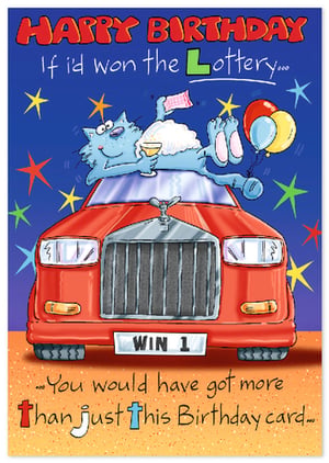 Make their birthday extra special with this hilarious 'Open Humorous' card from Simon Elvin! Featuring a very lucky blue cat living the high life on top of a luxury car, complete with a celebratory drink and lottery ticket, this card perfectly captures the dream of a big win. The playful message, "HAPPY BIRTHDAY If I'd won the Lottery... You would have got more Than just this Birthday card...", is sure to bring a smile and a chuckle to anyone who receives it. It's the ideal choice for friends, family, or colleagues who appreciate a good joke and a bit of playful banter. Each pack contains 6 of these fantastic cards, ready to spread birthday cheer.