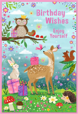 Bring a touch of enchanting woodland magic to your card selection with our "Open Birthday Female" card. This delightful design features a charming array of forest friends, including a regal owl, a graceful deer, a sweet rabbit, and a playful hedgehog, all surrounded by vibrant flowers and fluttering butterflies. Adorned with cheerful "Birthday Wishes" and "Enjoy Yourself" messages, this card is perfect for celebrating any special female in a truly heartwarming way. The soft colour palette and whimsical illustrations make it an irresistible choice for customers seeking a beautiful and gentle birthday greeting. Stock up on this popular design from Simon Elvin, available in a convenient 1x6 pack.