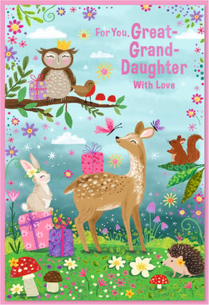 Offer your customers this delightful Great-Granddaughter card from Simon Elvin. This charming design features a whimsical woodland scene, perfect for sending love. An owl wearing a crown sits on a branch with a robin, while a deer, rabbit, squirrel, and hedgehog explore a vibrant meadow. The illustration is rich with colourful flowers, mushrooms, and butterflies, alongside beautifully presented gifts. The card's warm message and engaging artwork make it a wonderful choice for celebrating a special Great-Granddaughter. Available in a convenient pack size of 1x6, it's a lovely addition to your greeting card selection.